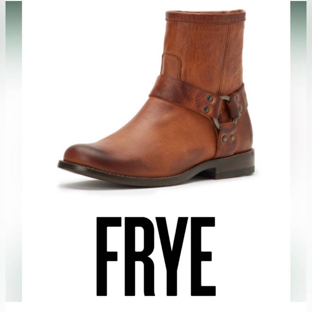 Frye Cognac Brown Leather Harness Ankle Boot